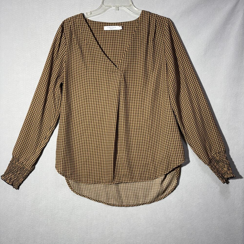 Costes Basic Blouse Womens XL Brown Black Houndstooth V-Neck Smocked Cuff Hem